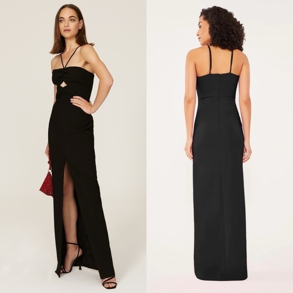 LIKELY Ruched Halter Neck Cutout Bodice Sleeveless Front Slit Column Maxi Gown 8 - Picture 2 of 9